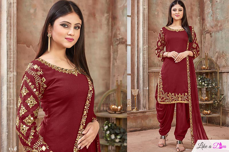 Red Silk Embroidered Kurta Set With Patiala Salwar