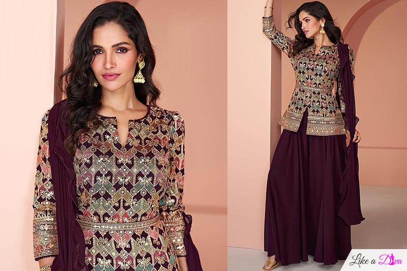Wine Georgette Embroidered Jacket Style Top With Palazzo & Dupatta