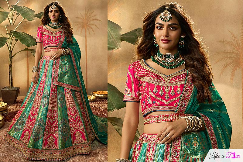 Pink & Aqua Banarasi Silk Embroidered Lehenga Set With Belt