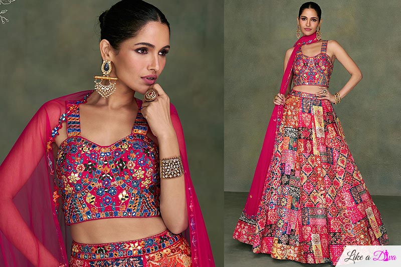 Magenta Silk Printed & Embroidered Lehenga Set