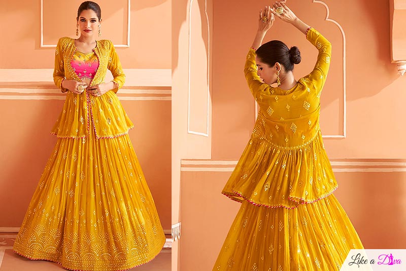 Mustard & Pink Georgette Embroidered Skirt & Satin Silk Top Set With Jacket