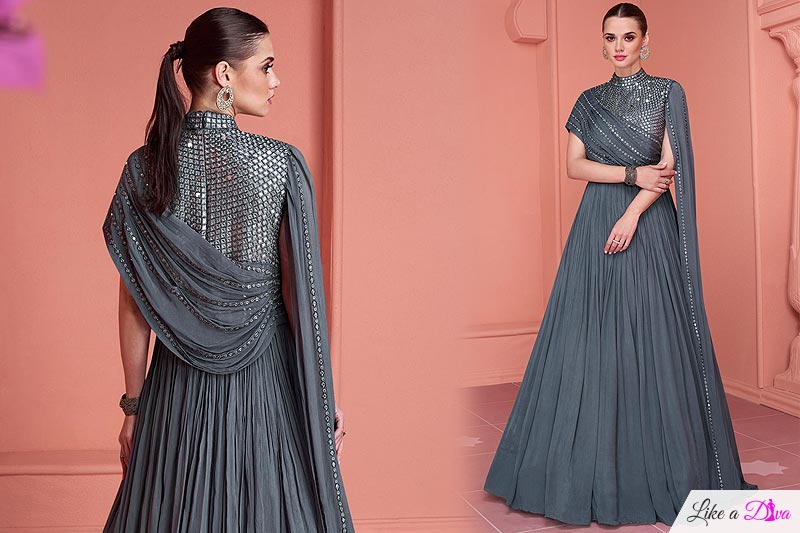 Blue Grey Georgette Embroidered Evening Gown