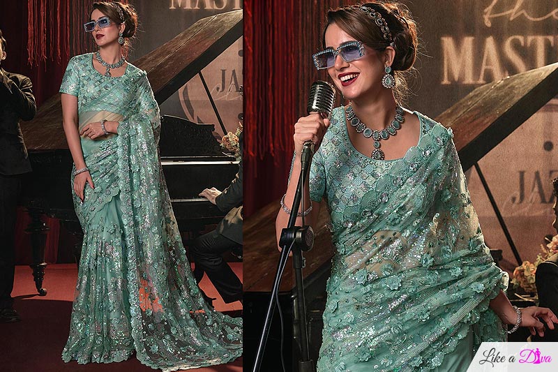 Sea Green Net 3d Flower Embellished & Embroidered Designer Saree