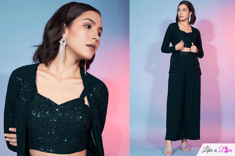 Ready To Wear Bottle Green Georgette Co-ord Set With Jacket