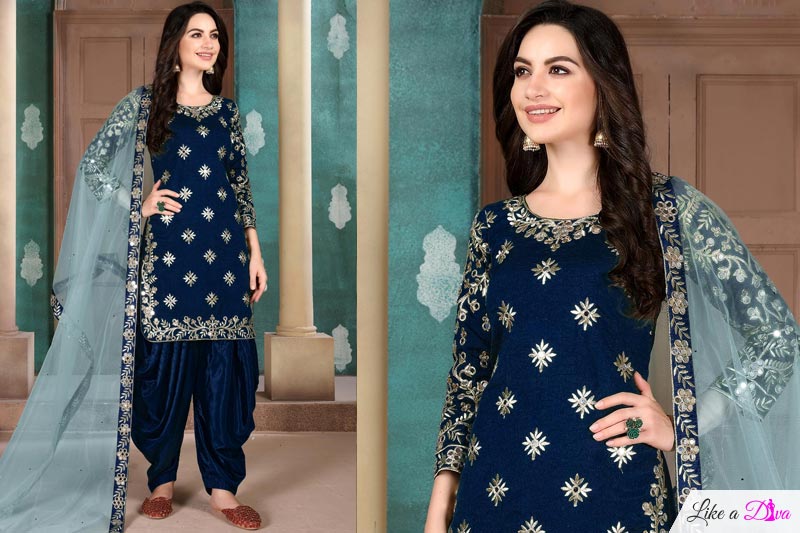 Navy Blue Silk Embroidered Kurta Set With Patiala Salwar