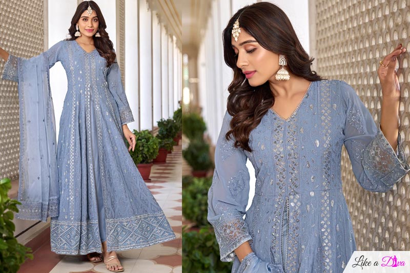 Cornflower Blue Georgette Embroidered Anarkali Suit
