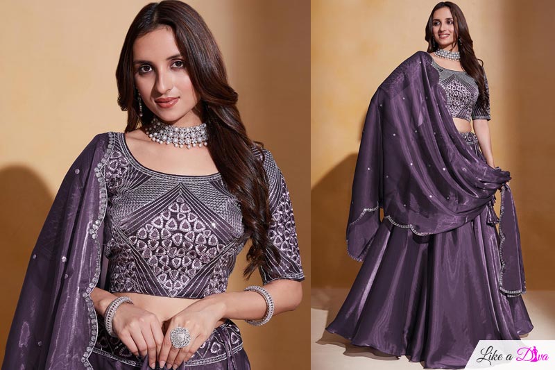 Purple Organza Silk Embroidered Lehenga Set