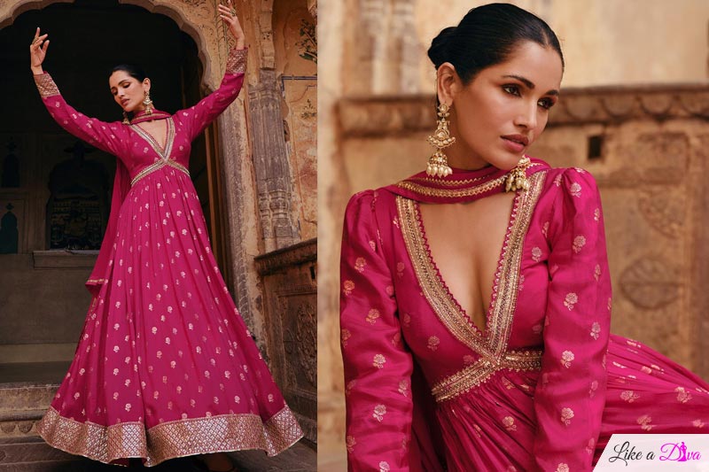 Deep Pink Jacquard Silk Embroidered Anarkali Suit With Dupatta