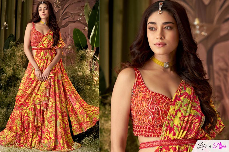 Yellow & Red Satin Silk Printed Lehenga Set With Belt