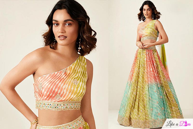 Ready To Wear Multicolor Silk Leheriya Printed & Embroidered Lehenga Set