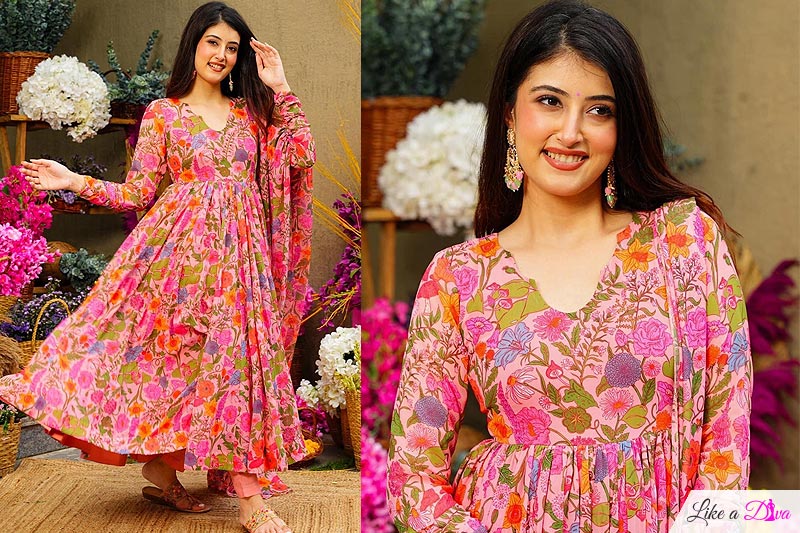 Light Pink Printed Silk Anarkali Suit