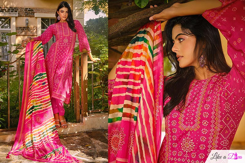 Fuchsia Pink Muslin Silk Bandhani Printed Kurta Set
