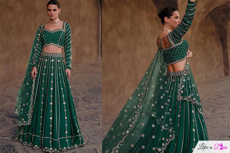 Dark Green Chinon Silk Embroidered Lehenga Set