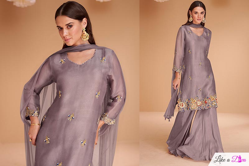 Mauve Organza Silk Embroidered Sharara Kurta Set