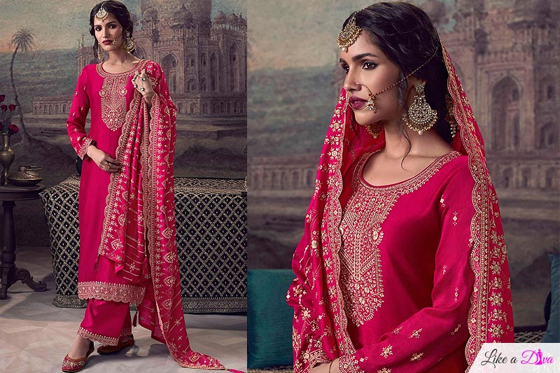 Fuchsia Pink Silk Georgette Embroidered Kurta Set