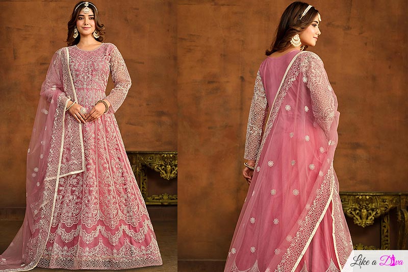 Blush Pink Net Embroidered Anarkali Suit
