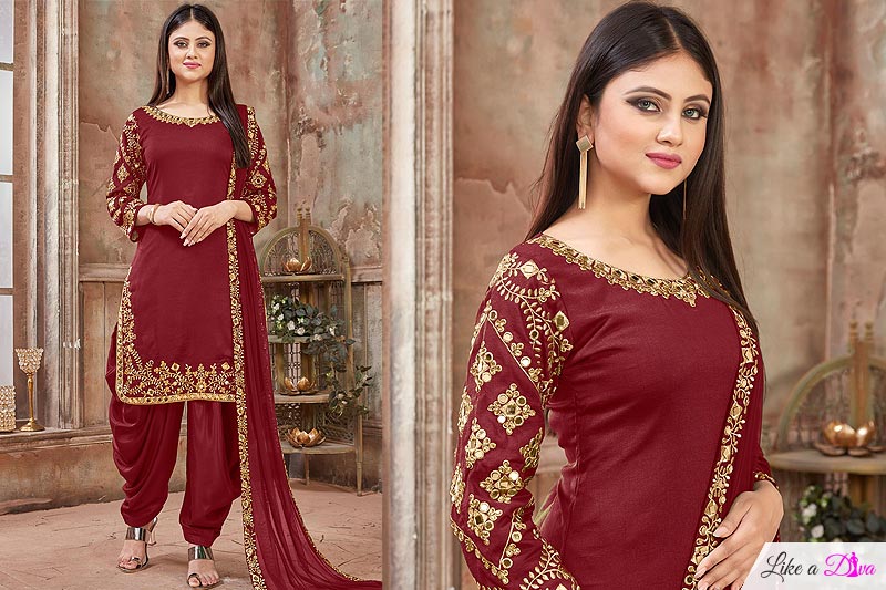 Red Silk Embroidered Kurta Set With Patiala Salwar