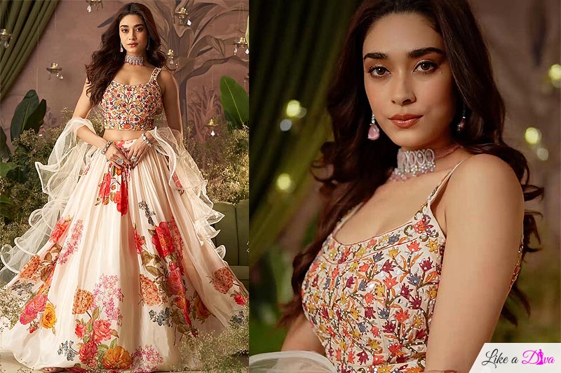 Ivory Silk Printed & Embroidered Designer Lehenga Set