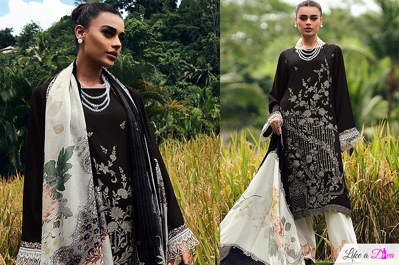 Black Muslin Woven & Embroidered Kurta Set