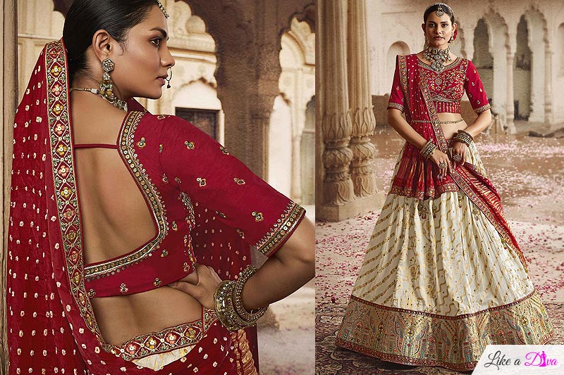 Ivory & Red Silk Embroidered Ethnic Lehenga Set