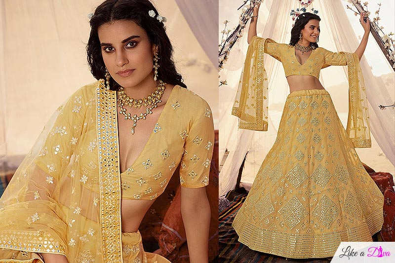 Bright Yellow Mirror Embellished Organza Silk Lehenga