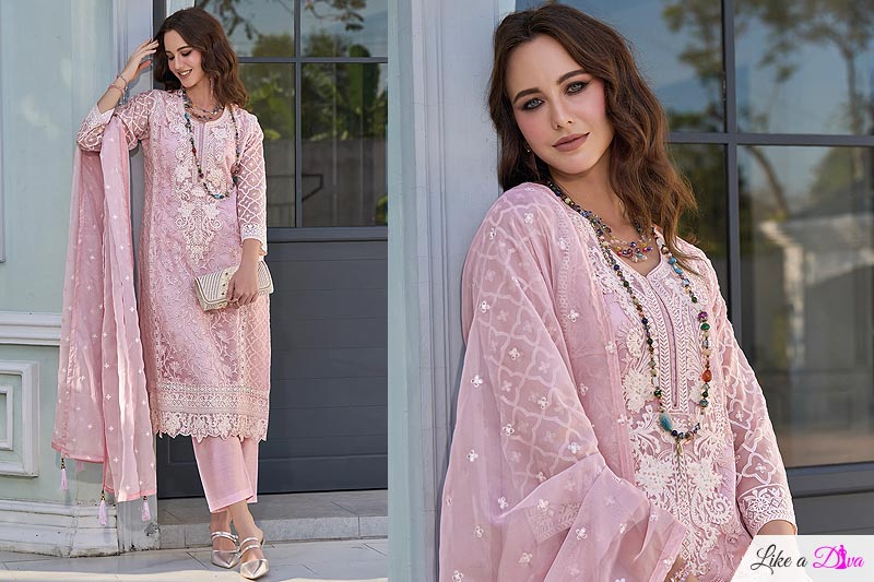 Light Pink Organza Silk Embroidered Kurta Set