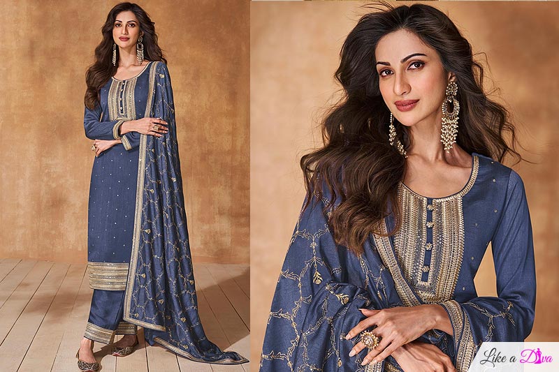 Lavender Blue Silk Embroidered Kurta Set