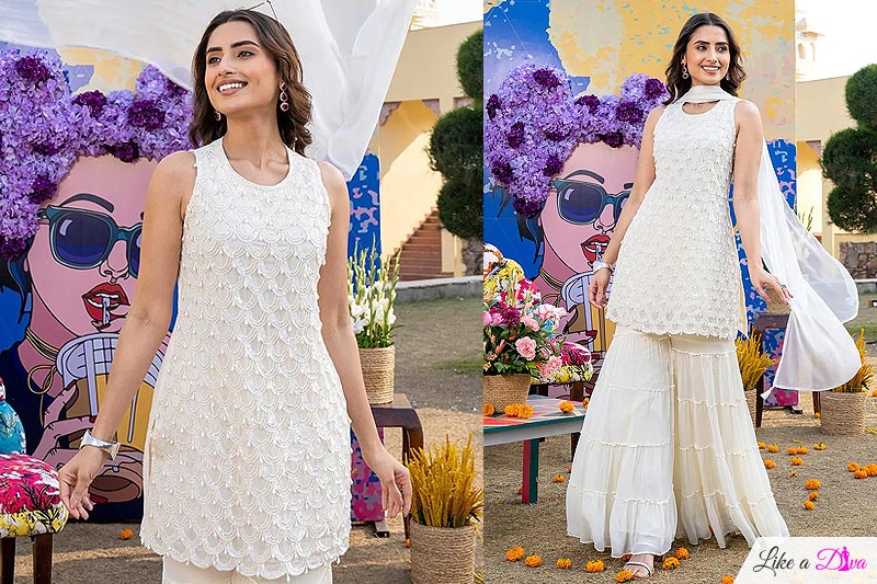 Ivory White Georgette Embroidered Sharara Set