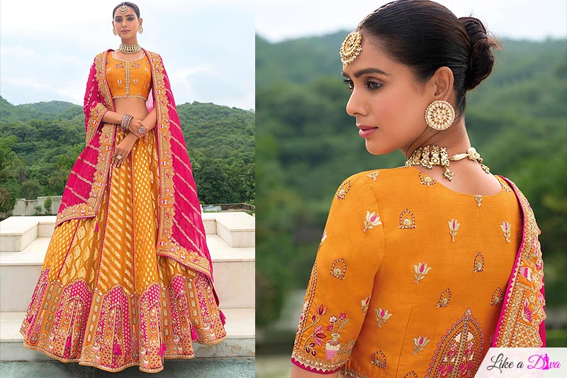 Mustard & Pink Silk Embroidered Lehenga Set