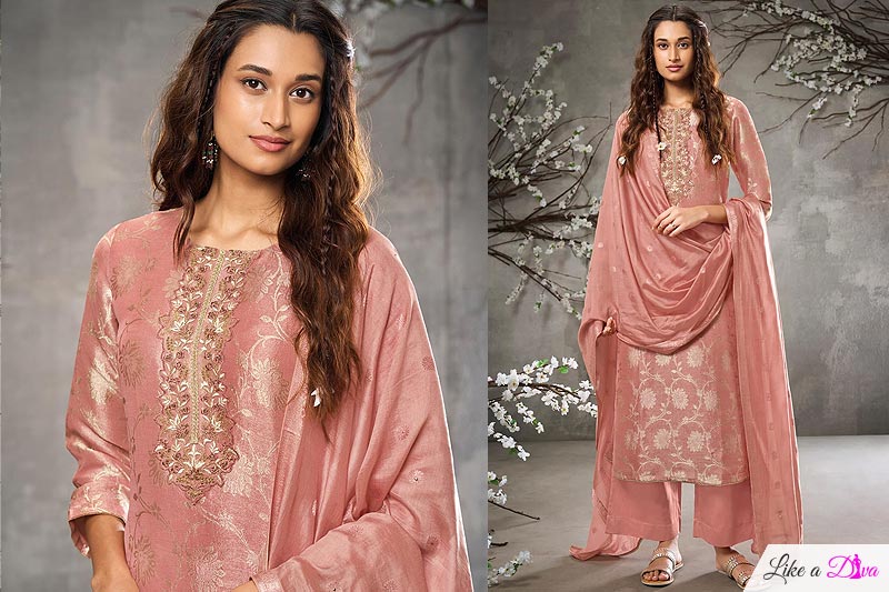Elegant Peach Pink Soft Jacquard Silk Hand Embroidered Kurta Set