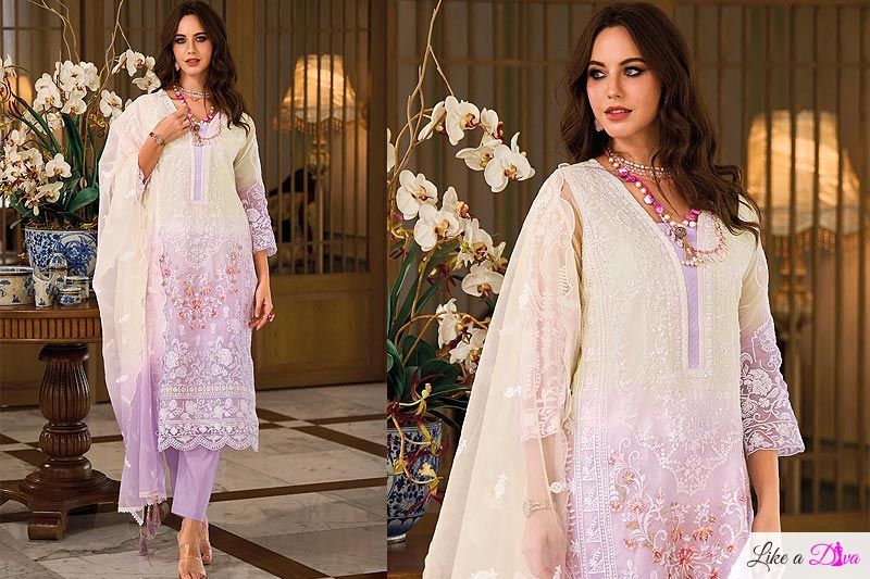 Lavender Organza Silk Embroidered Kurta Set