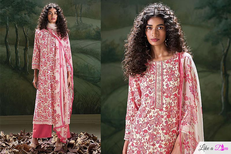 Pink & White Cotton Printed Kurta Set With Chiffon Dupatta