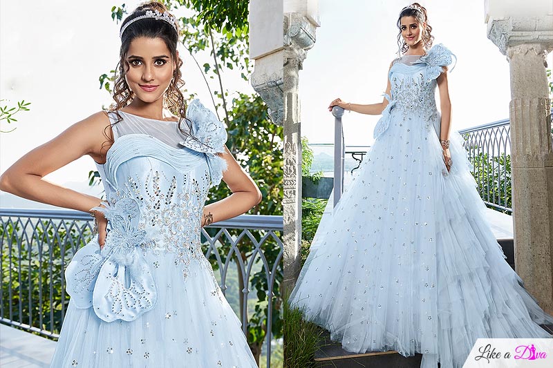 Ready To Wear Ice Blue Net Embroidered 3d Effect Designer Indo Western Dress