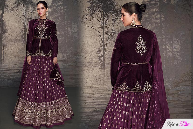 Plum Embroidered Velvet Top & Silk Lehenga Set
