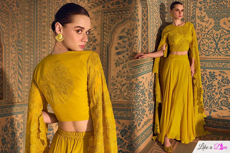 Mustard Chinon Silk Embroidered Indowestern Long Sleeve Top With Palazzo
