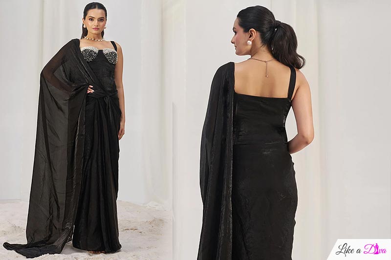 Pre-draped Black Organza Silk Hand Embroidered Saree Set