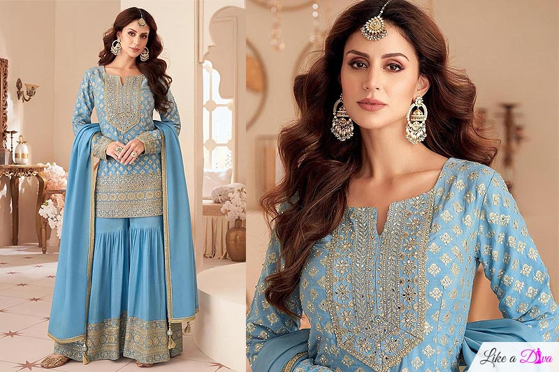 Baby Blue Chinon Silk Embroidered Sharara Kurta Set