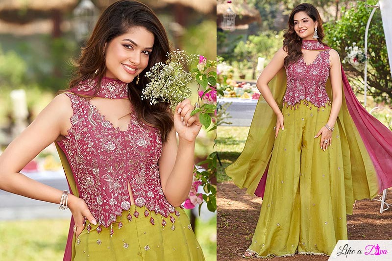 Pink & Kiwi Green Tissue Silk Embroidered Top & Palazzo Set With Dupatta