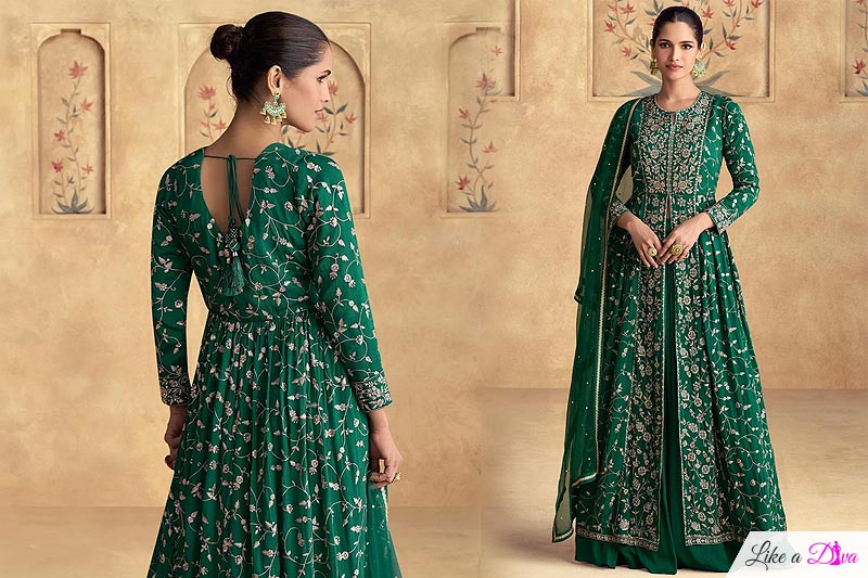 Dark Green Chinon Silk Embroidered Anarkali With Skirt