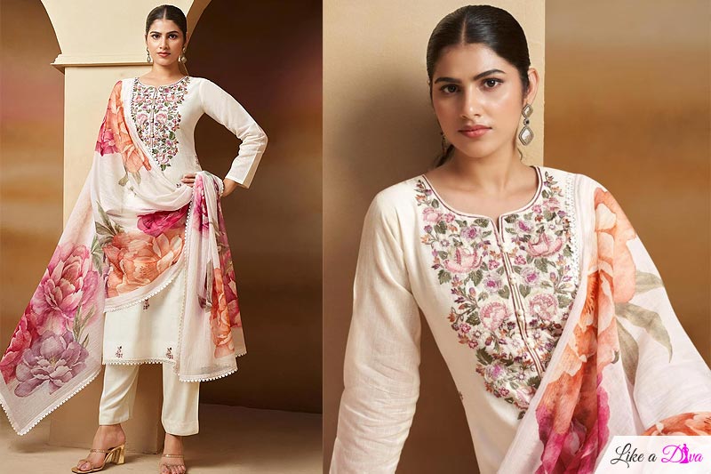 Ivory & Pink Cotton Linen Hand Embroidered Kurta Set With Printed Chiffon Dupatta