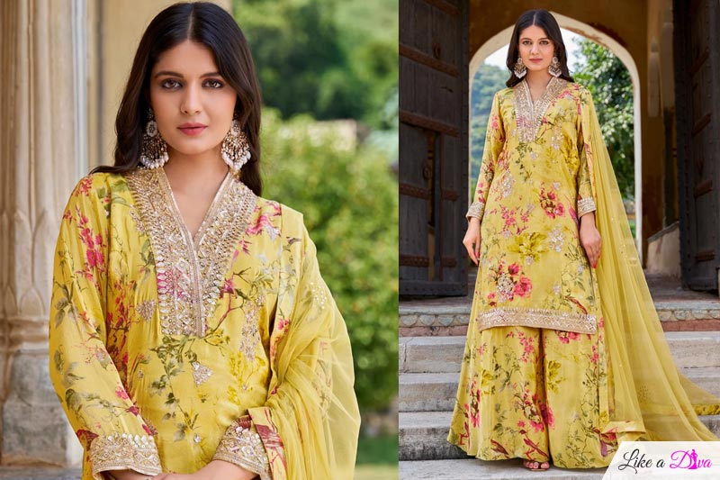 Lemon Yellow Printed & Embroidered Chinon Silk Sharara Kurta Set