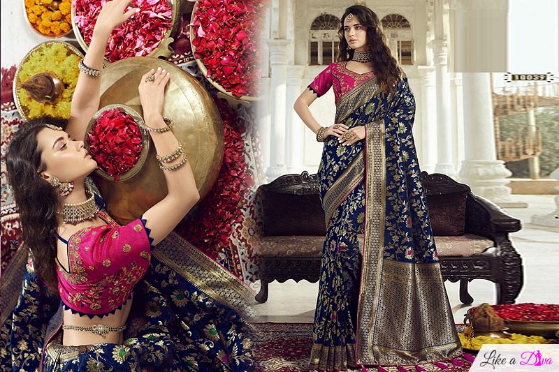 Navy Blue, Golden & Pink Saree Blouse