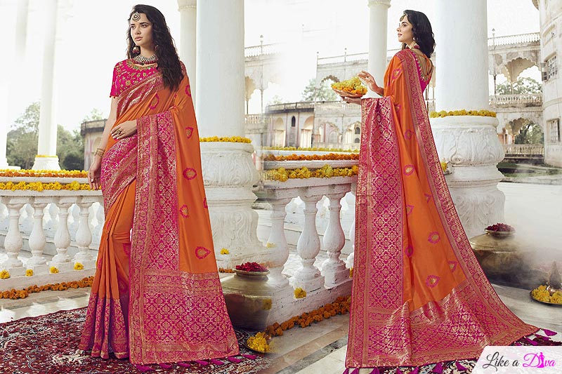 Pink, Orange & Golden Banarasi Silk Saree