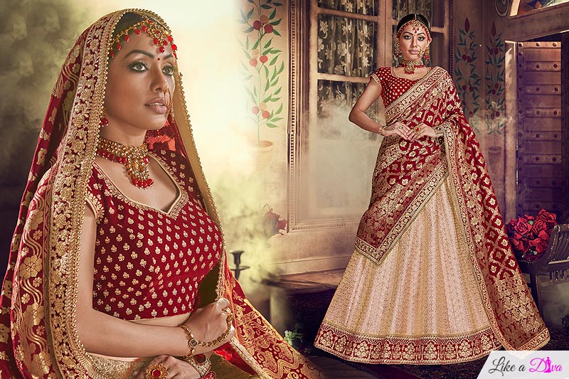 Beige, Red & Golden Lehenga