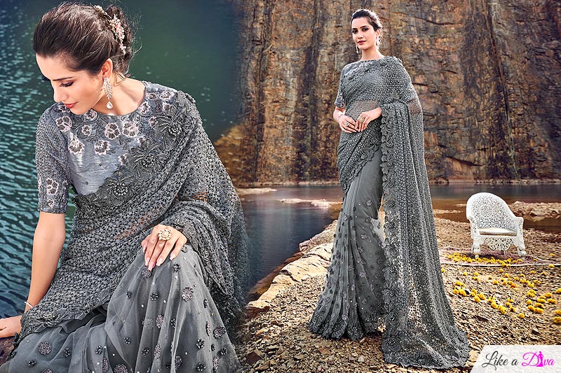 Designer Grey Embroidered Party Wear Saree