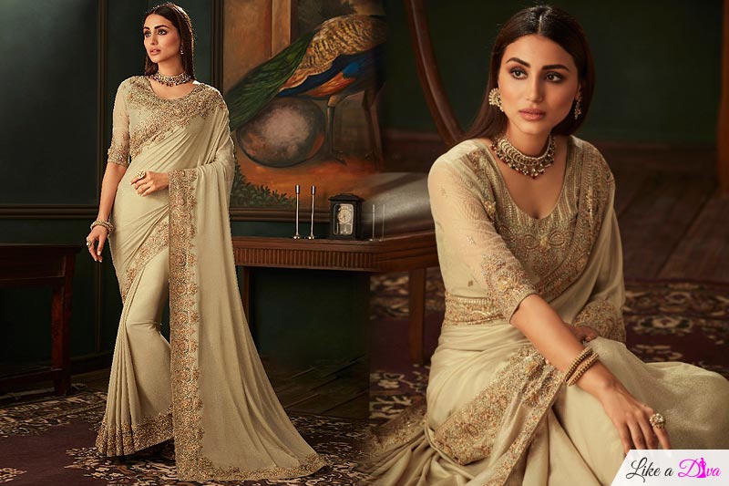 Designer Georgette Shimmer Saree in Beige
