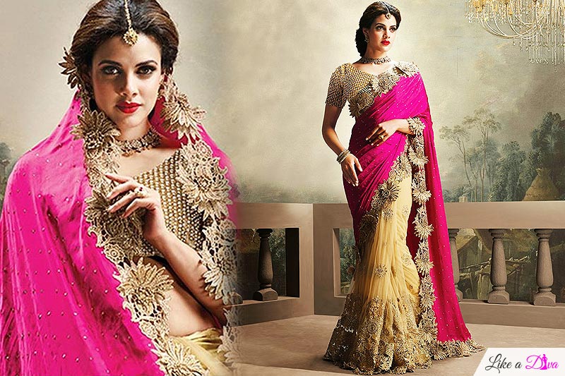 Designer Beige and Pink Party Wear Saree in Net