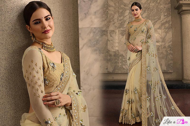 Ecru Sequin Work Designer Net Saree