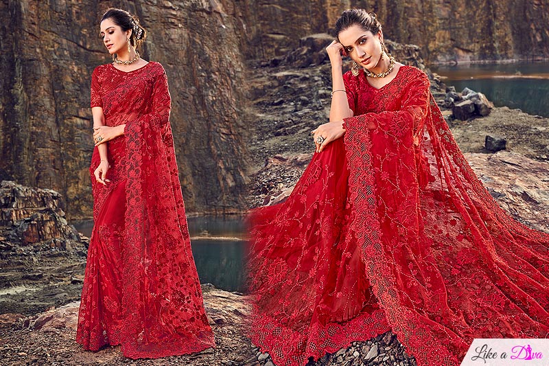 Designer Crimson Red Embroidered Party Wear Saree