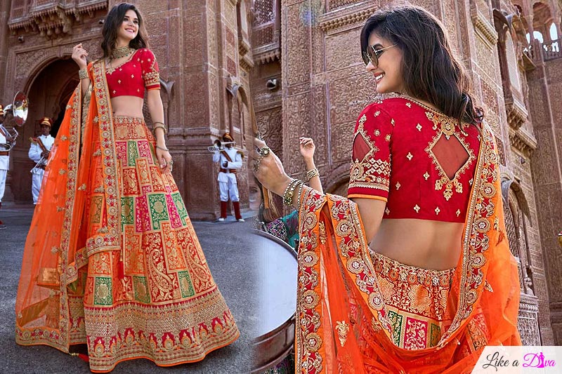 Glam Red and Orange Jacquard Silk Lehenga